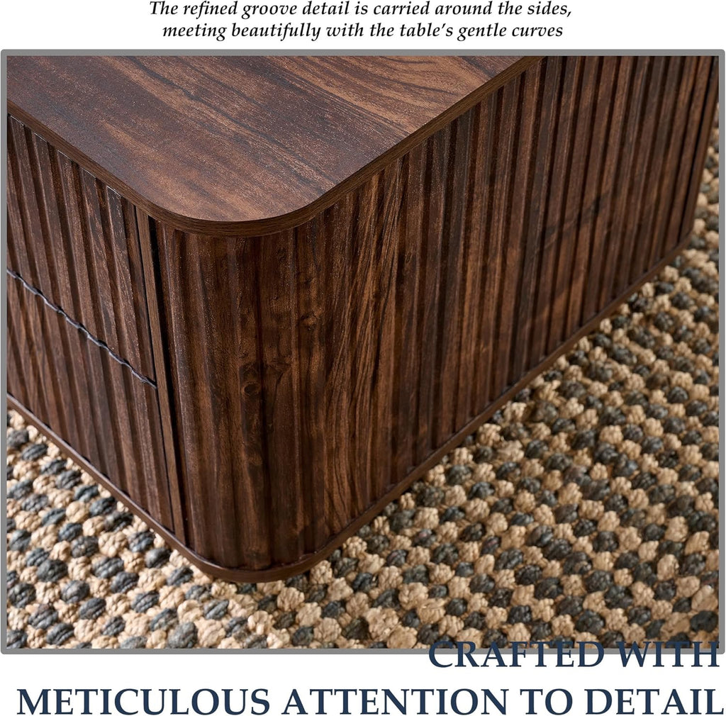 JXQTLINGMU 51" Fluted Coffee Table with Storage | Modern Dark Walnut Rectangle Coffee Table with 4 Drawers