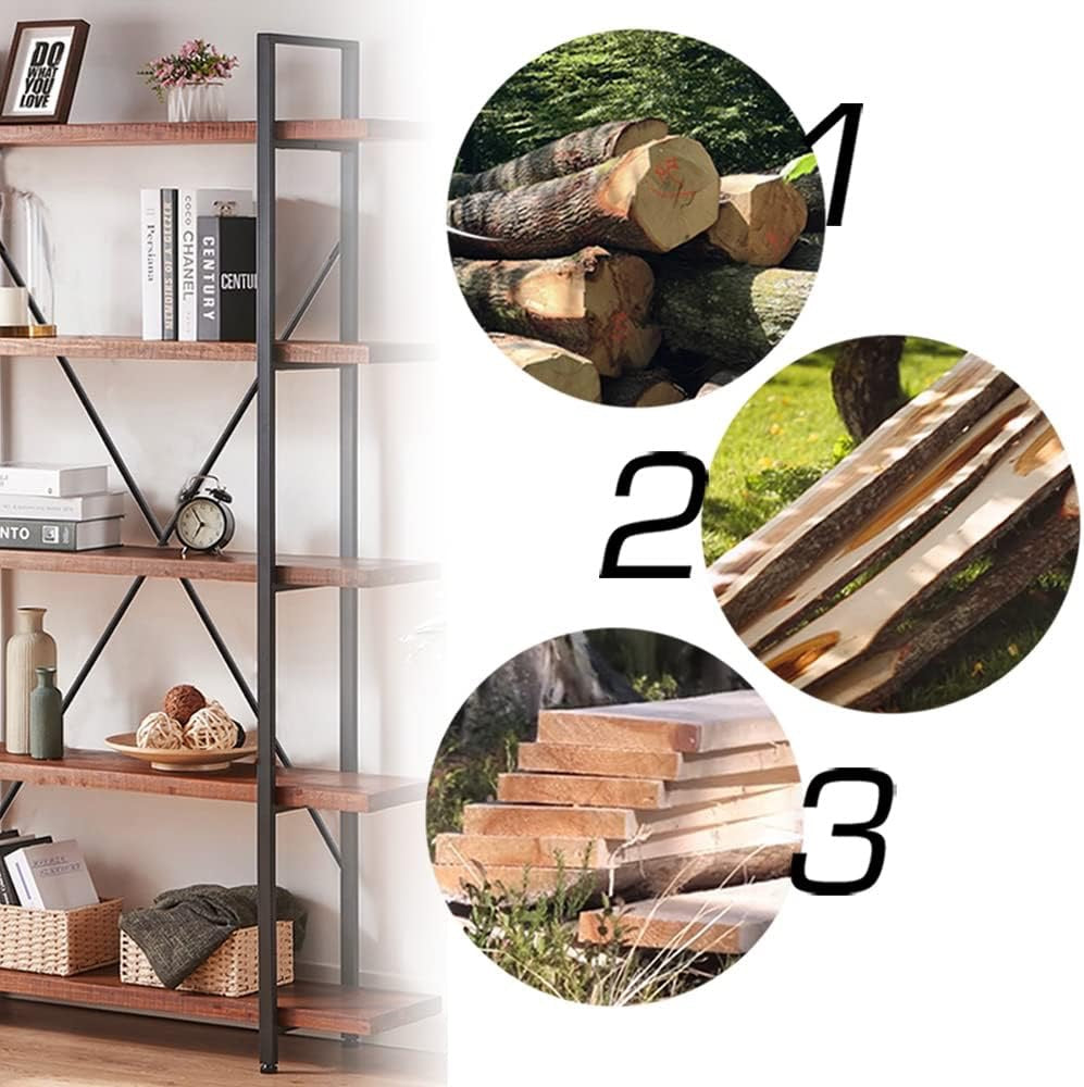 HSH 5-Tier Solid Wood Bookshelf | Industrial Rustic Open Metal & Real Wood Bookcase (Distressed Brown)
