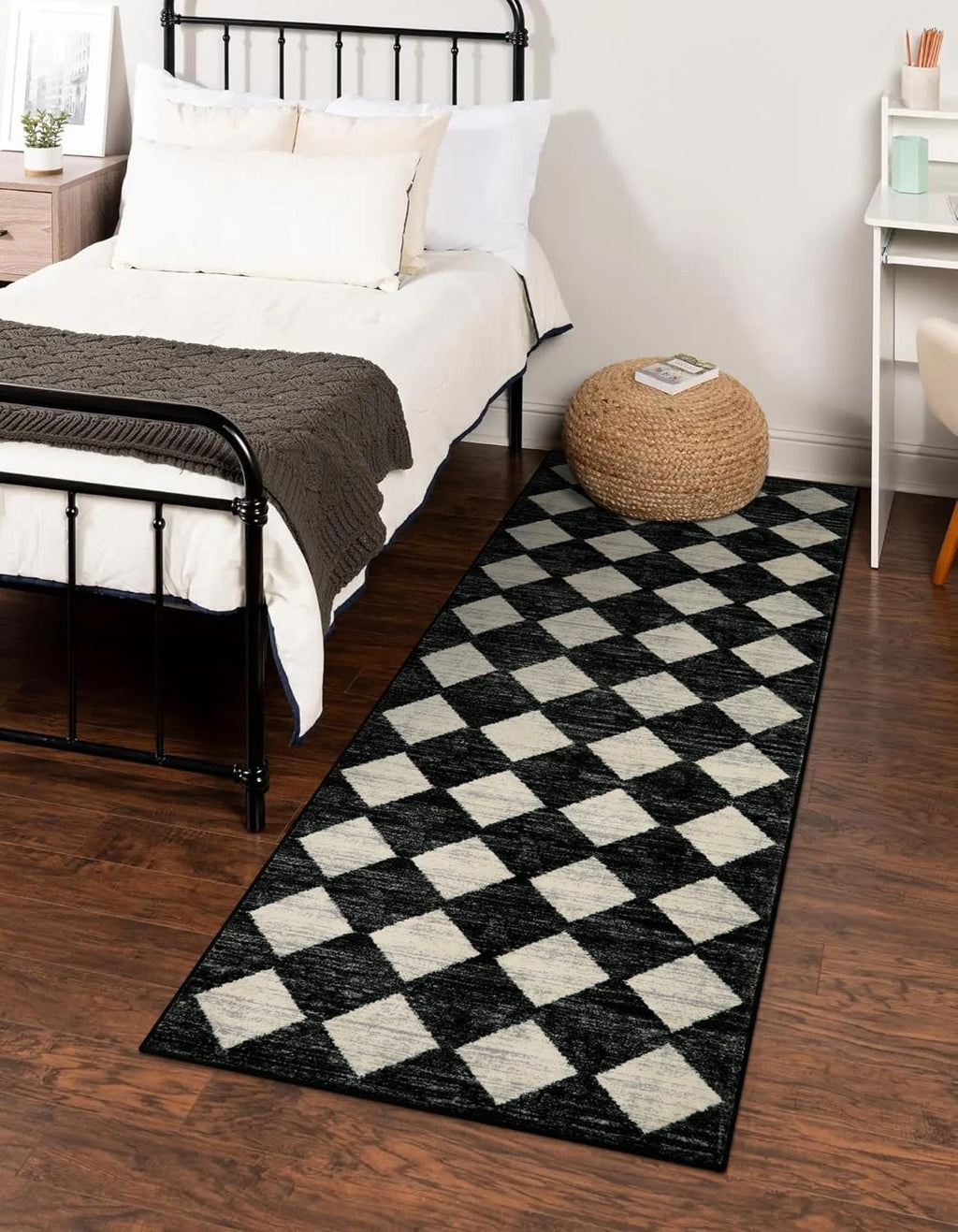 Lahome Moroccan Trellis Washable Runner Rug | Black & White 2' x 7' Non-Slip Runner
