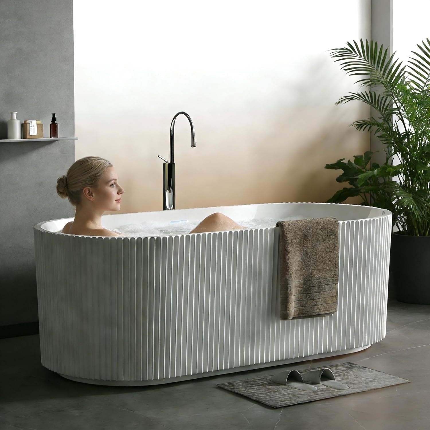 Acrylic Freestanding Deep Soaking Bathtub – Contemporary White Stand-Alone Spa Tub