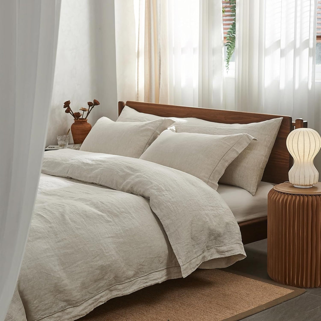 Simple&Opulence Washed Linen Duvet Cover Set | Natural Linen King 3-Piece Embroidered Bedding