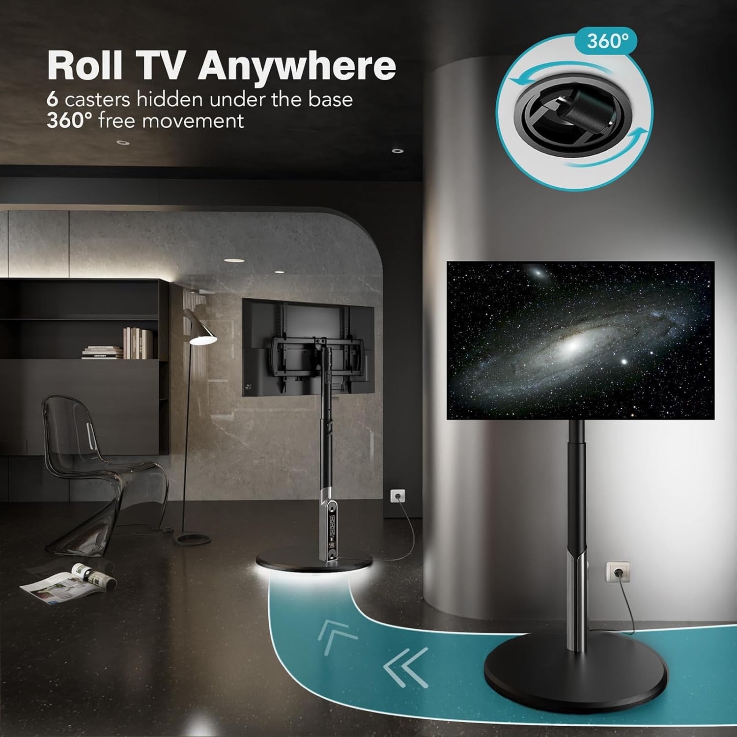 Mobile TV Stand with Power Outlet – Rolling Cart for 27-65 Inch TVs with Adjustable Height & Ambient Lighting