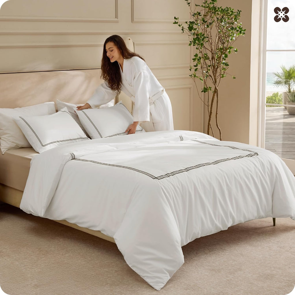 Bedsure Luxury Hotel Cotton Duvet Cover Set | White Frame Embroidery Bedding – Queen