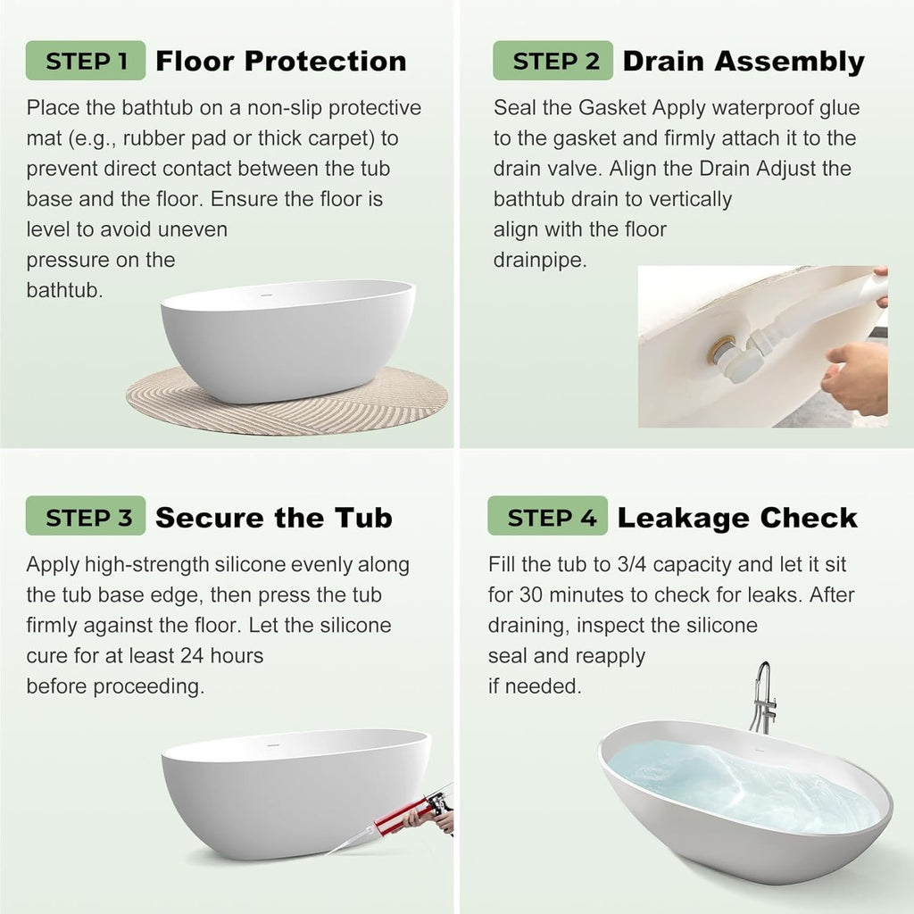 47-Inch Solid Surface Freestanding Bathtub – Matte White Stone Resin Oval Soaking Tub