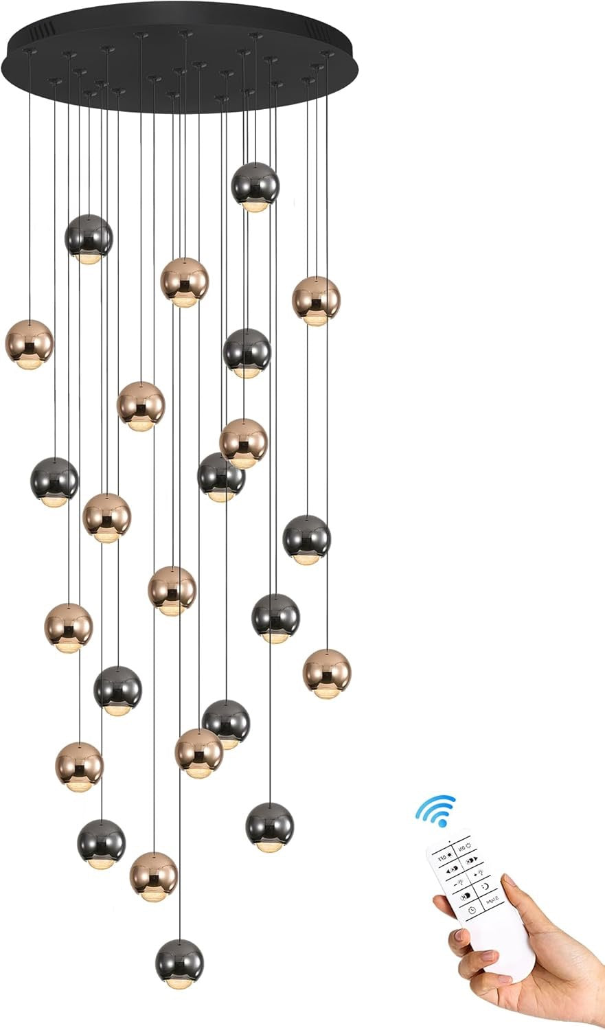 ykolupty 24 Light LED Staircase Chandelier Black Gold | Modern Crystal High Ceiling Entryway Lighting Dimmable 2700K-6000K