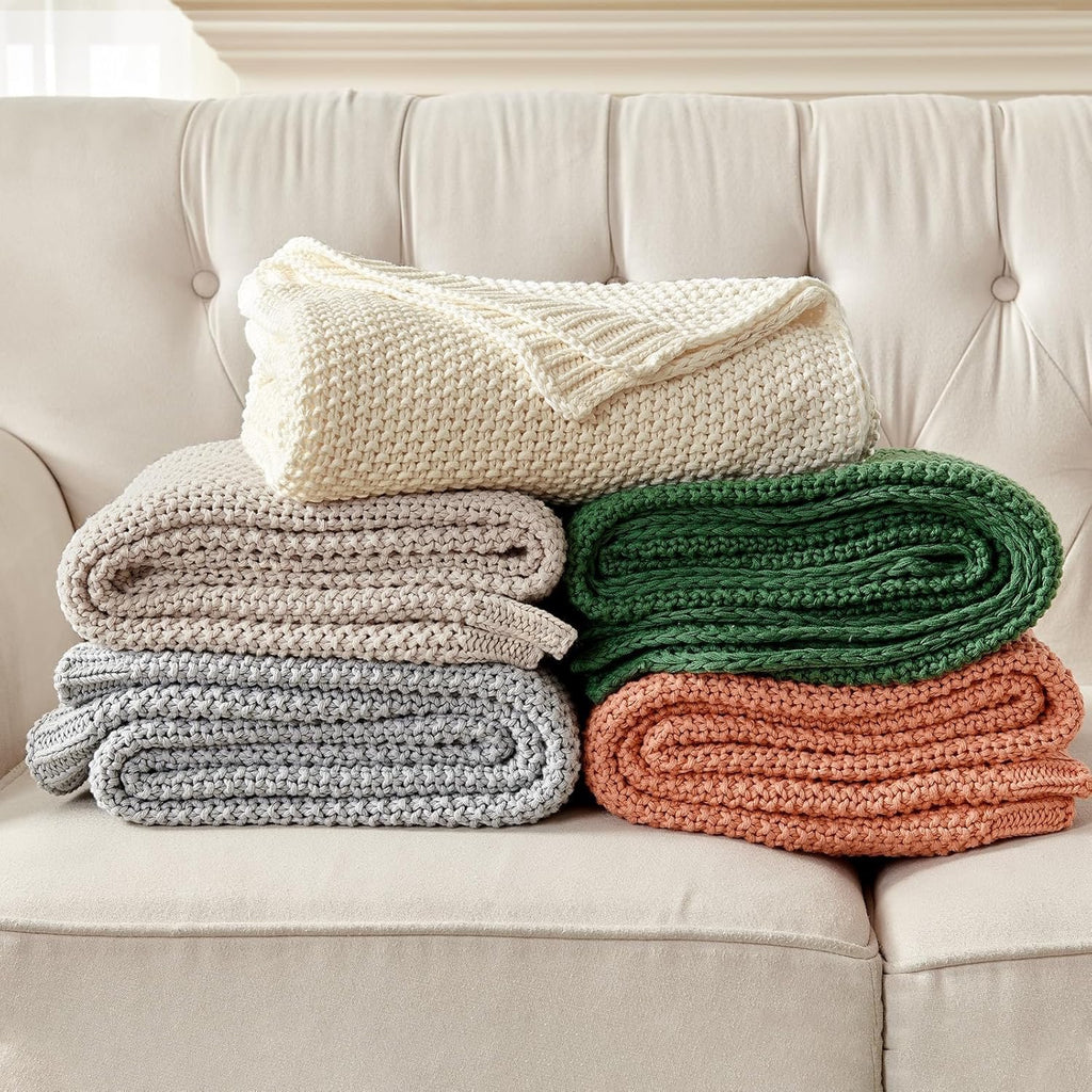 Joydeco Chunky Cable Knit Throw Blanket | Organic Cotton Cozy Knit Blanket (Beige, 51” x 63”)