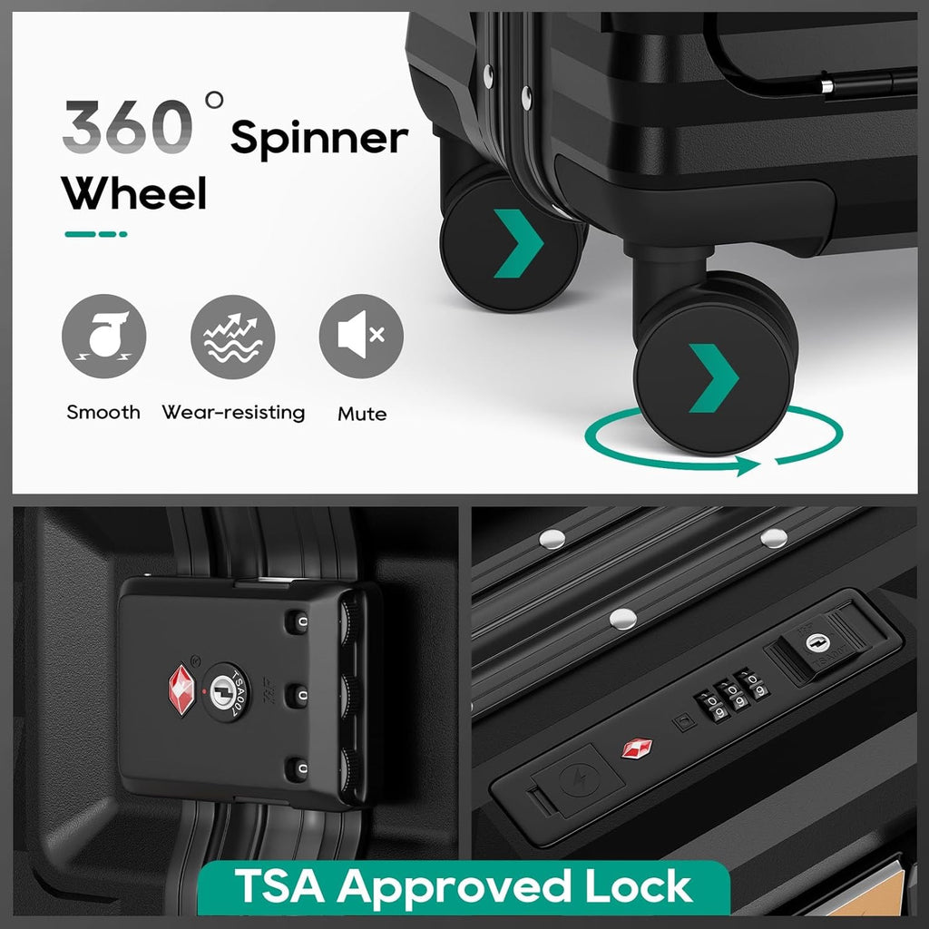 Joyway 20 Inch Carry On Luggage Aluminum Frame | Front Pocket Hardshell Suitcase with USB Port Cup Holder TSA Lock