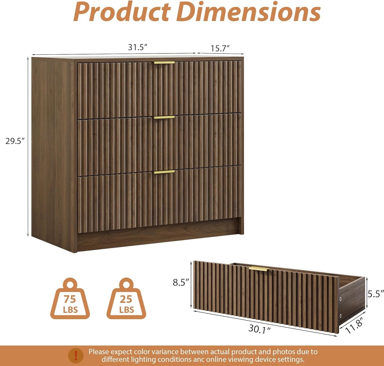 MAISONARIA Walnut 3-Piece Living Room Set | 5 Drawer Dresser + 2 Nightstands | Hidden Handle Modern Storage