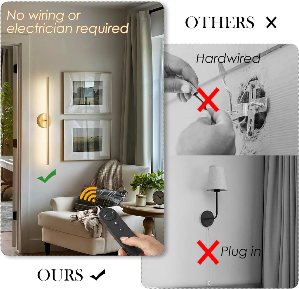 Battery-Operated Gold Wall Sconces with Remote (Set of 2) | Dimmable 3000K LED, Rotatable Design