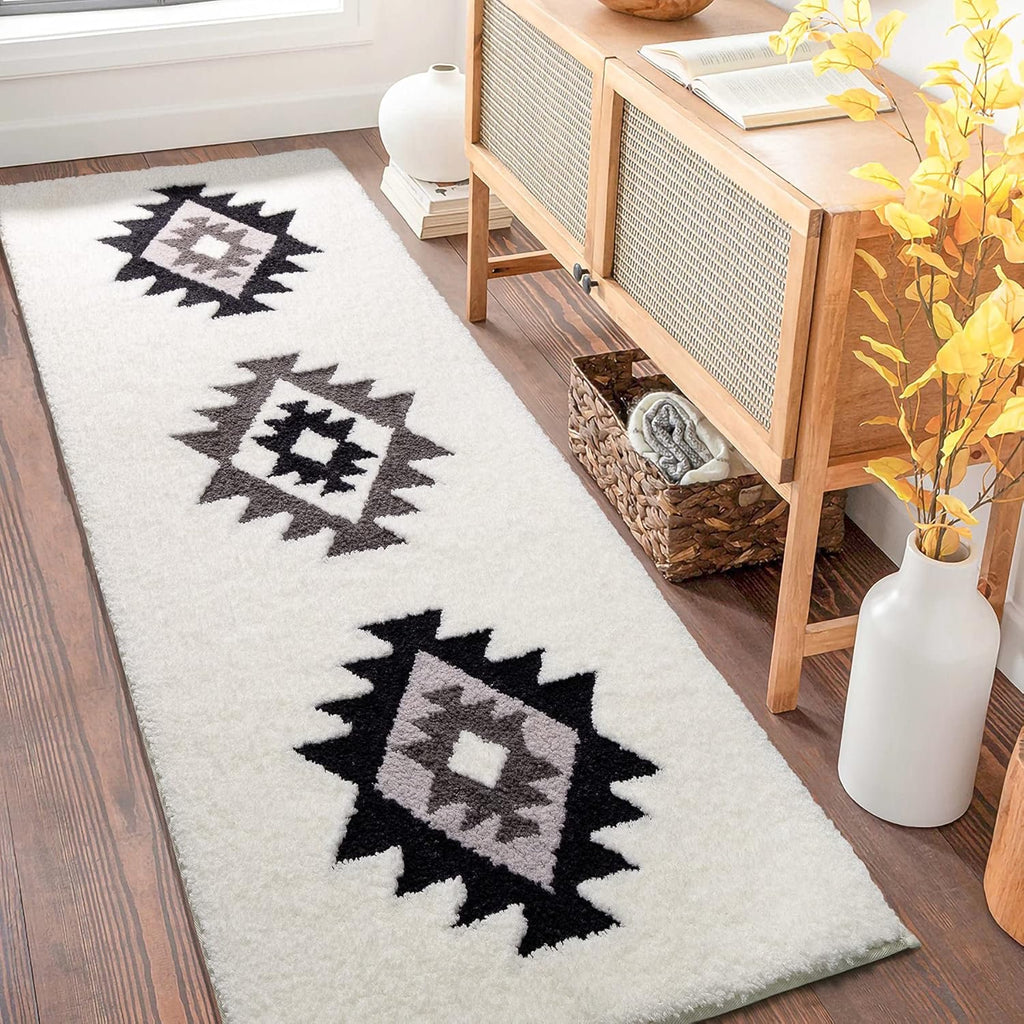 DEXDE Boho Bathroom Runner Rug 20x72 | Black & White Geometric Soft Absorbent Non-Slip Bath Mat (Farmhouse Modern Runner Rug)
