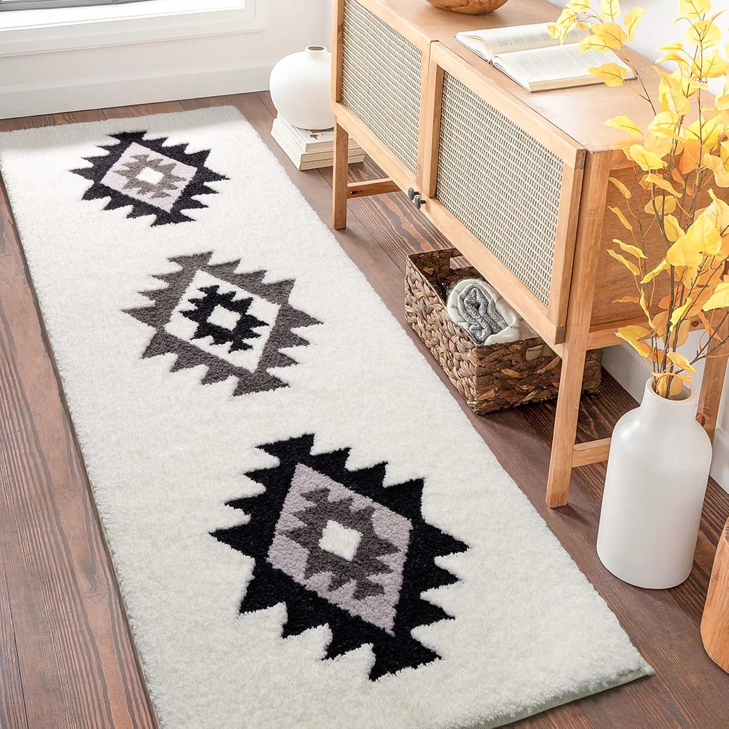 DEXDE Boho Bathroom Runner Rug 20x72 | Black & White Geometric Soft Absorbent Non-Slip Bath Mat (Farmhouse Modern Runner Rug)