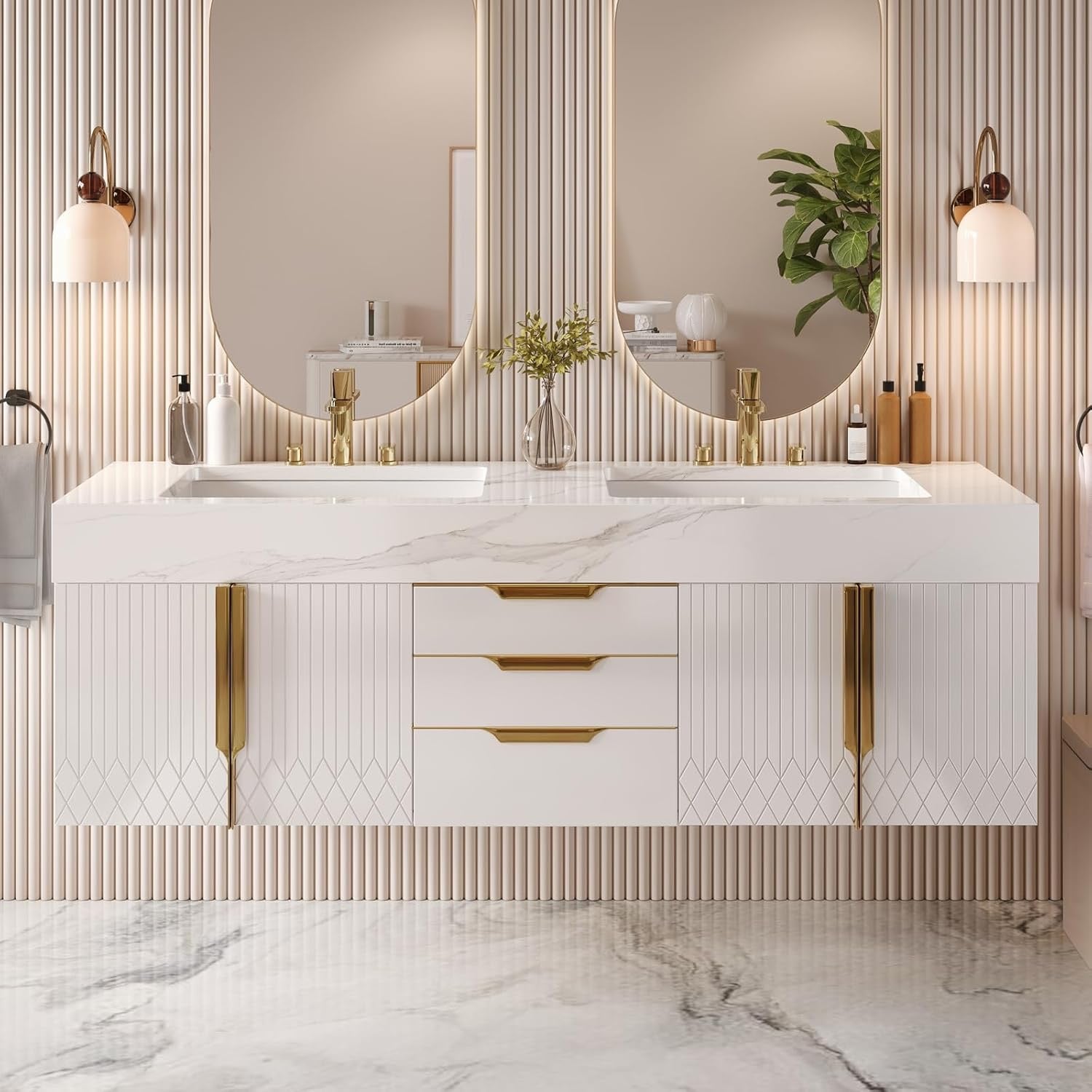 Homary 60 Inch Floating Bathroom Vanity Double Sink | Modern Wall Mounted Vanity with Sintered Stone Top White
