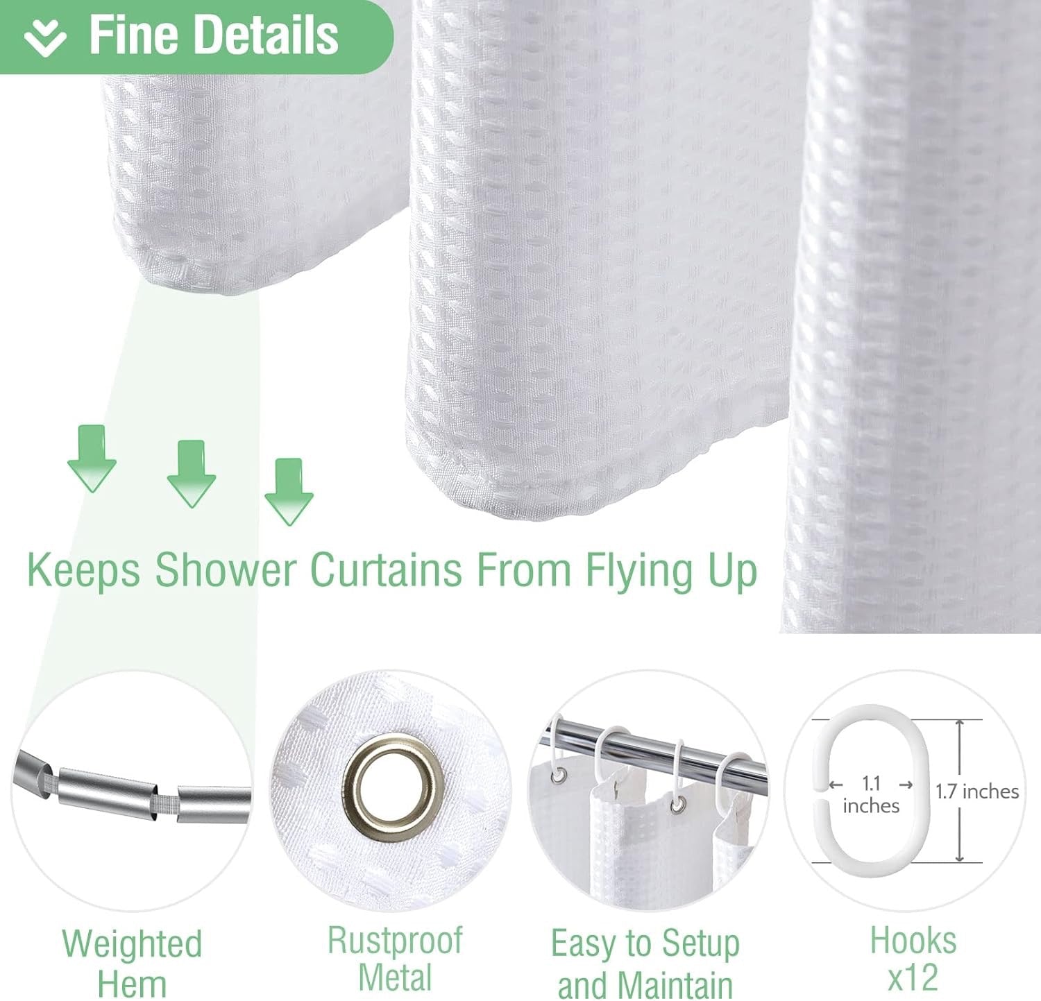 Dynamene White Waffle Weave Fabric Shower Curtain | Hotel-Style, Heavyweight 256 GSM (72” x 72”)