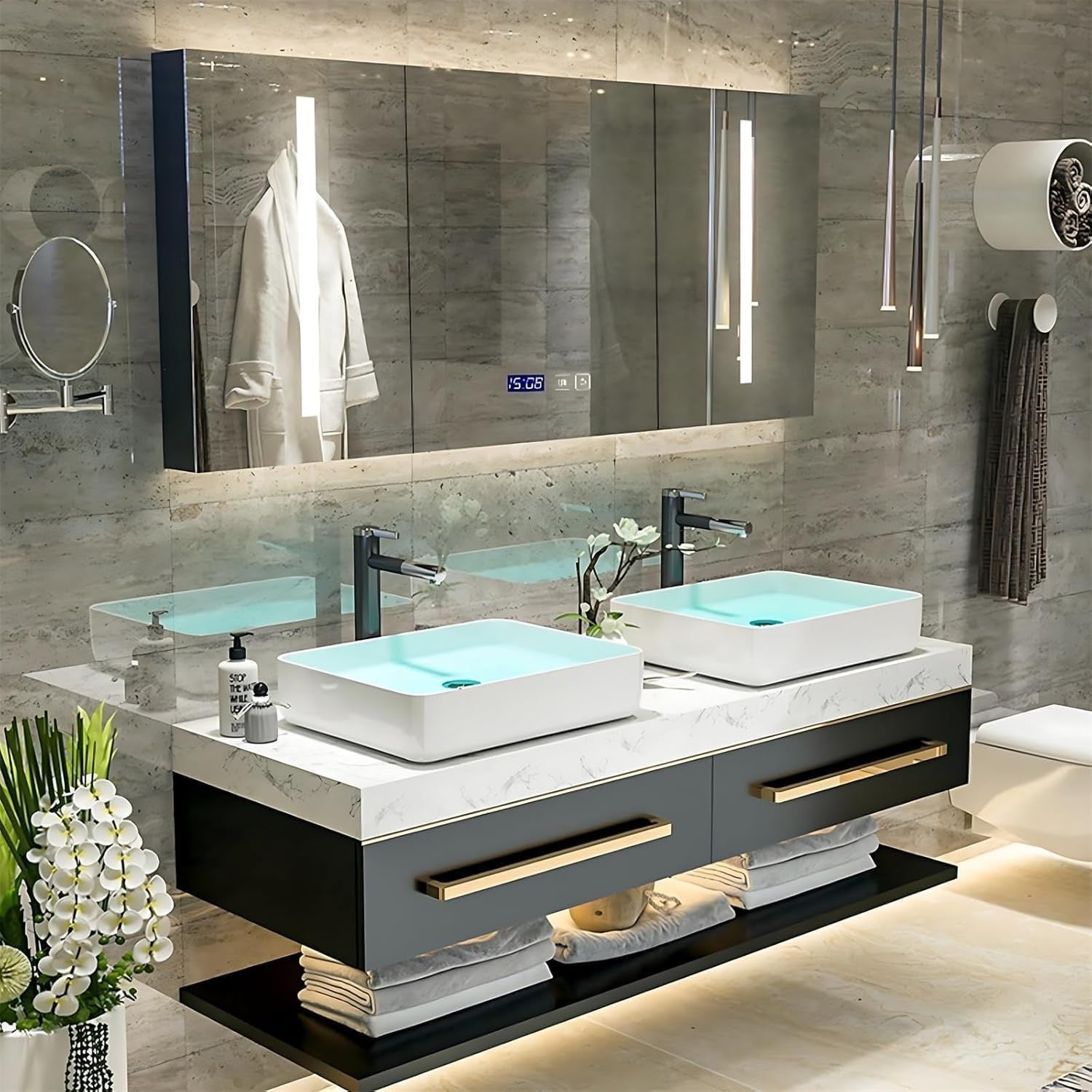 ZGNBSD 60″ Wall-Mounted Bathroom Vanity | Double Sink with LED Anti-Fog Mirror
