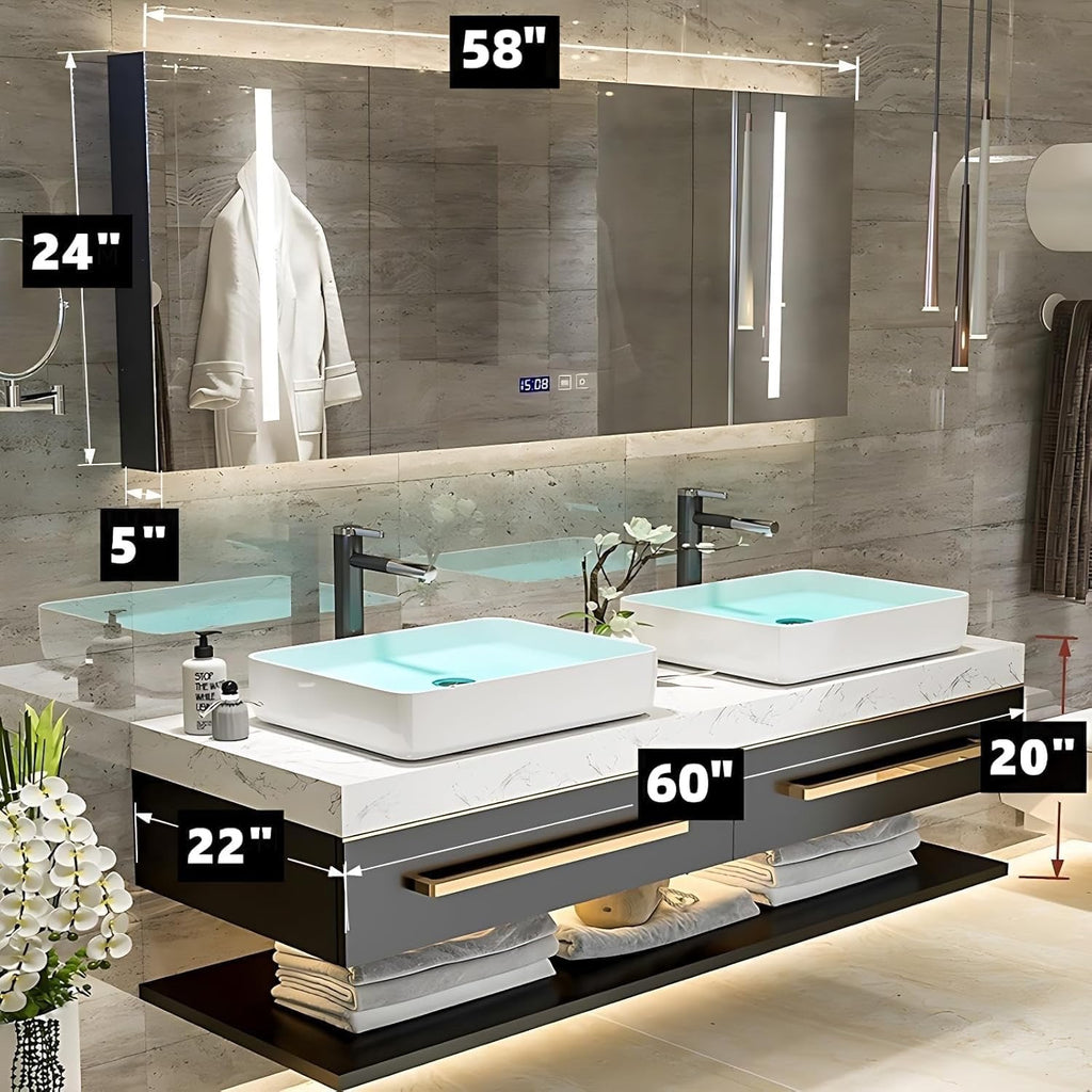 ZGNBSD 60″ Wall-Mounted Bathroom Vanity | Double Sink with LED Anti-Fog Mirror