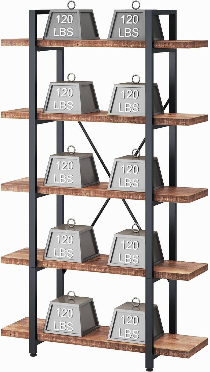 HSH 5-Tier Solid Wood Bookshelf | Industrial Rustic Open Metal & Real Wood Bookcase (Distressed Brown)