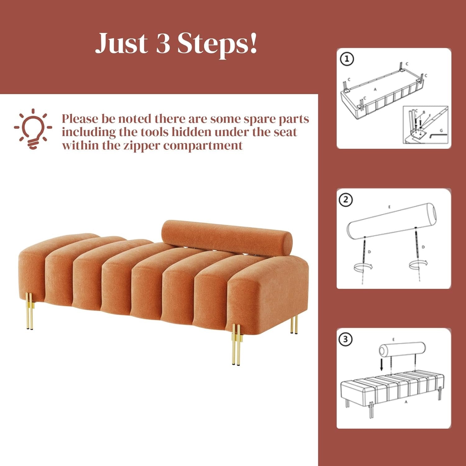 Modern Channel Tufted End-of-Bed Bench | Upholstered Orange Ottoman with Gold Legs