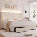 HITHOS Full Upholstered LED Platform Bed Frame | Beige Velvet Wingback Bed with Storage Drawers