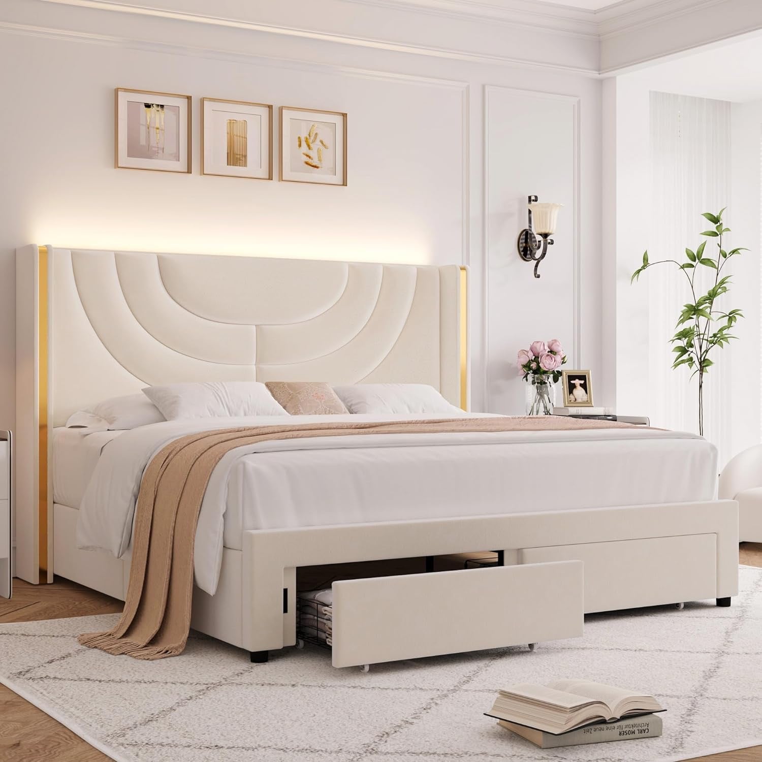 HITHOS Full Upholstered LED Platform Bed Frame | Beige Velvet Wingback Bed with Storage Drawers