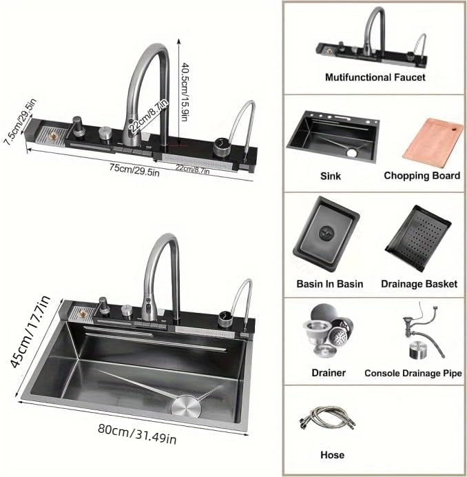 Cuixoc Stainless Steel Smart Kitchen Sink | Digital Display Waterfall Workstation Sink (31.5″)