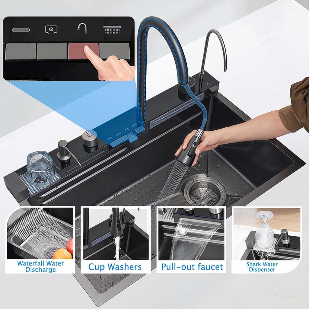 Cuixoc Stainless Steel Smart Kitchen Sink | Digital Display Waterfall Workstation Sink (31.5″)