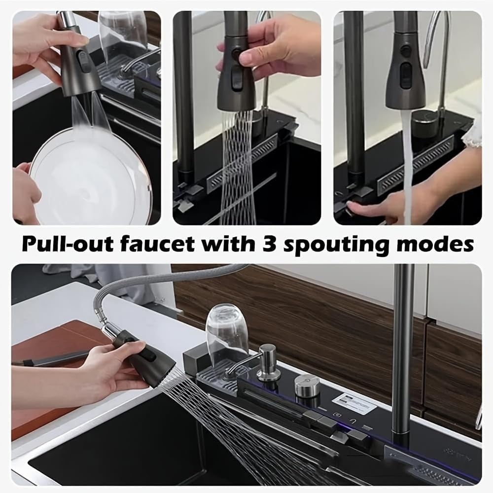 Cuixoc Stainless Steel Smart Kitchen Sink | Digital Display Waterfall Workstation Sink (31.5″)