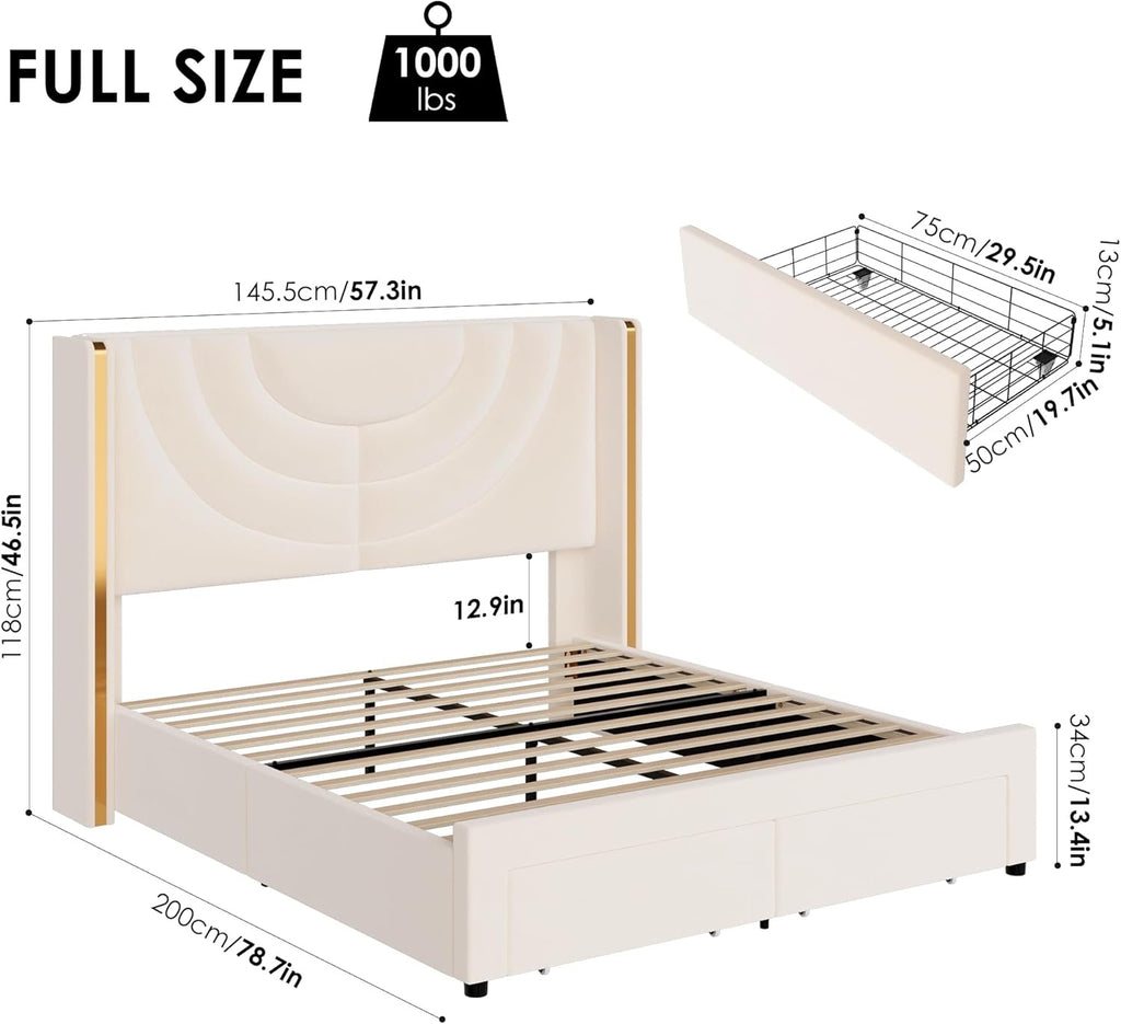 HITHOS Full Upholstered LED Platform Bed Frame | Beige Velvet Wingback Bed with Storage Drawers