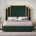 HOWE King Size Upholstered Bed Frame | 65″ Headboard with Gold Trim (Green)