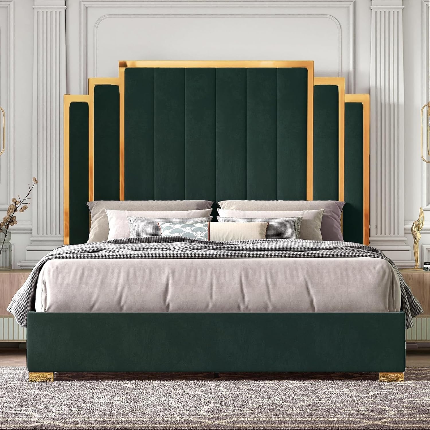 HOWE King Size Upholstered Bed Frame | 65″ Headboard with Gold Trim (Green)