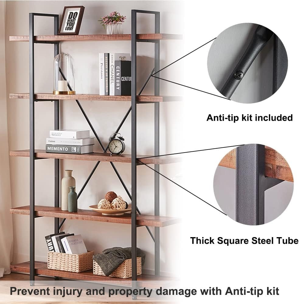 HSH 5-Tier Solid Wood Bookshelf | Industrial Rustic Open Metal & Real Wood Bookcase (Distressed Brown)