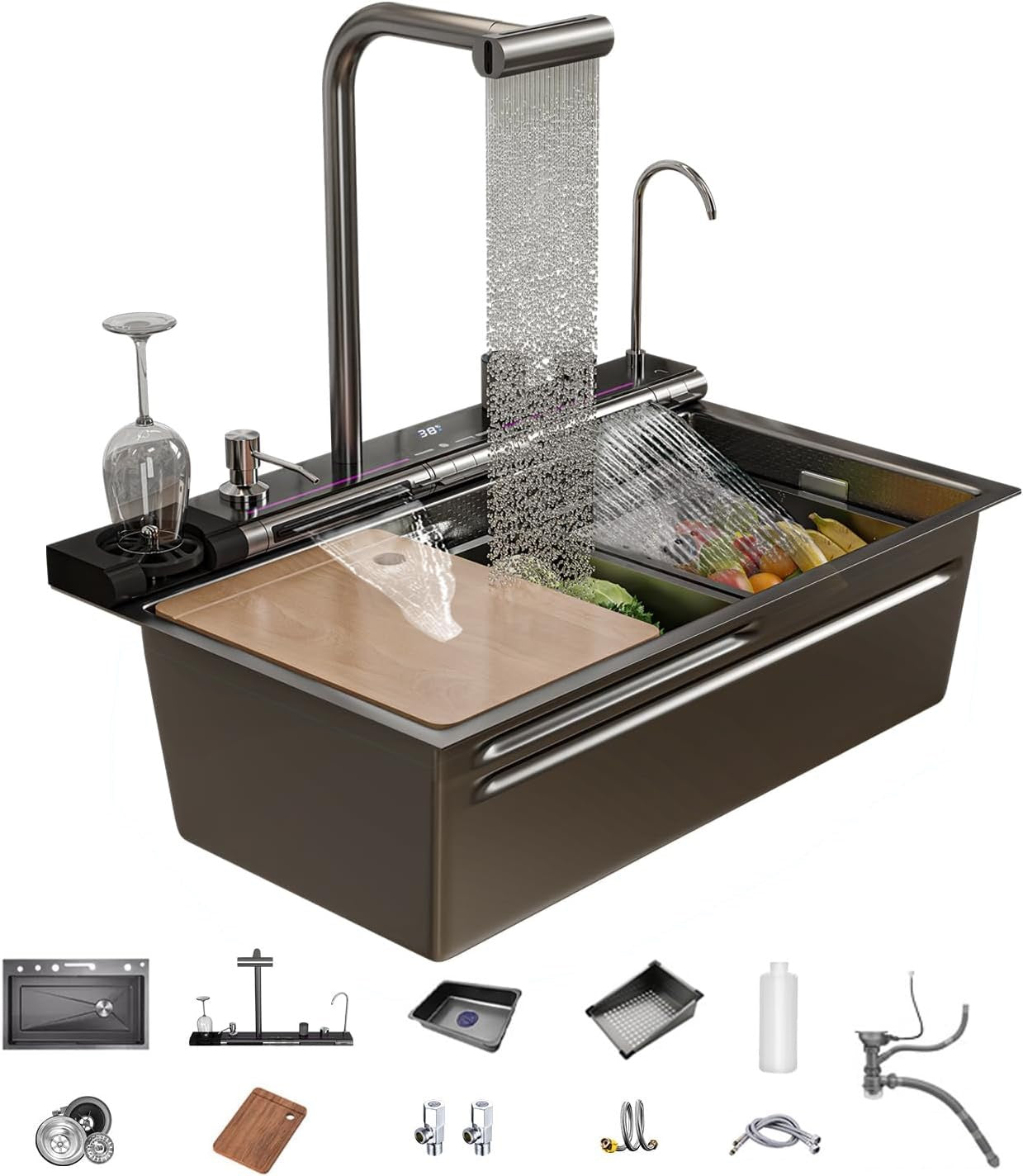 FVVJVV Dual Waterfall Smart Kitchen Sink | Digital Stainless Steel Workstation Sink (29.5″)