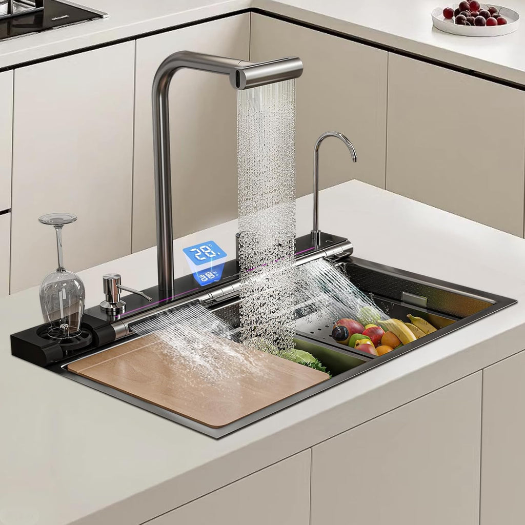 FVVJVV Dual Waterfall Smart Kitchen Sink | Digital Stainless Steel Workstation Sink (29.5″)