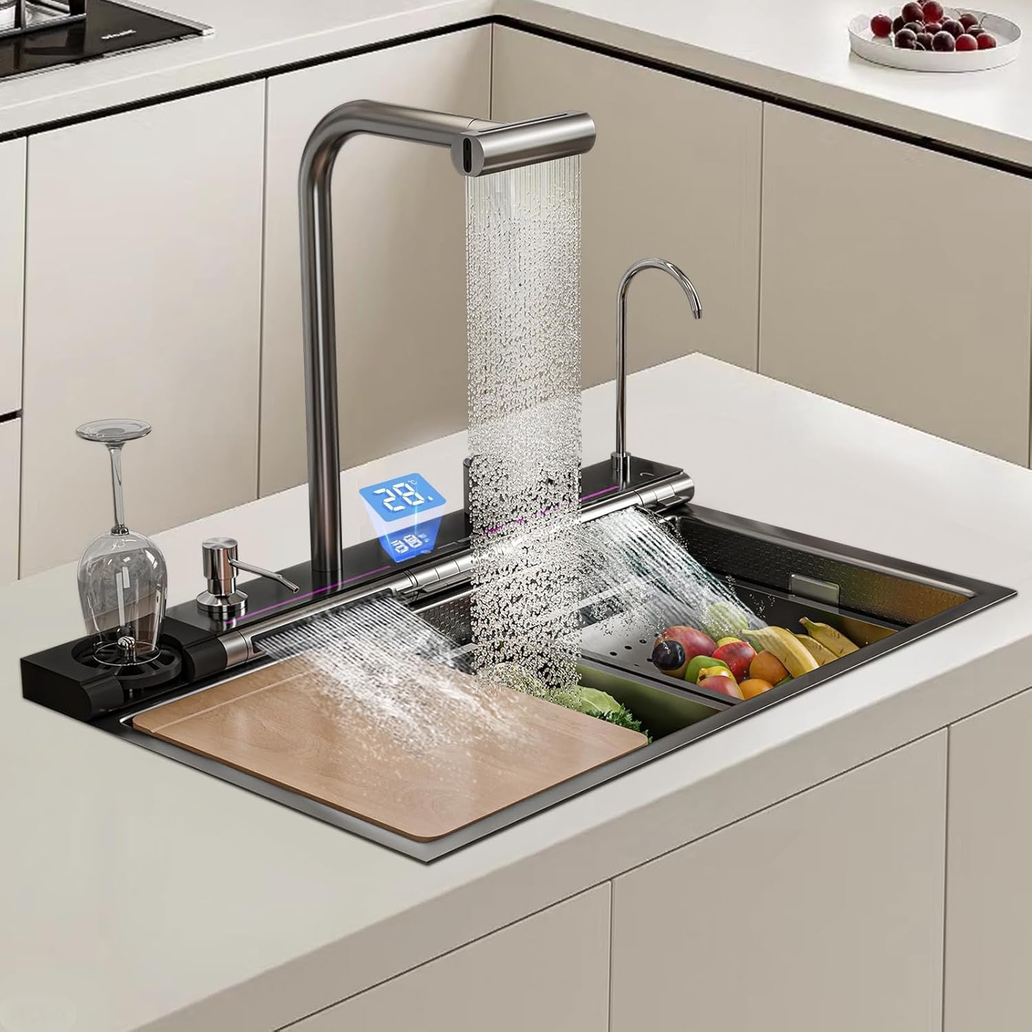 FVVJVV Dual Waterfall Smart Kitchen Sink | Digital Stainless Steel Workstation Sink (29.5″)