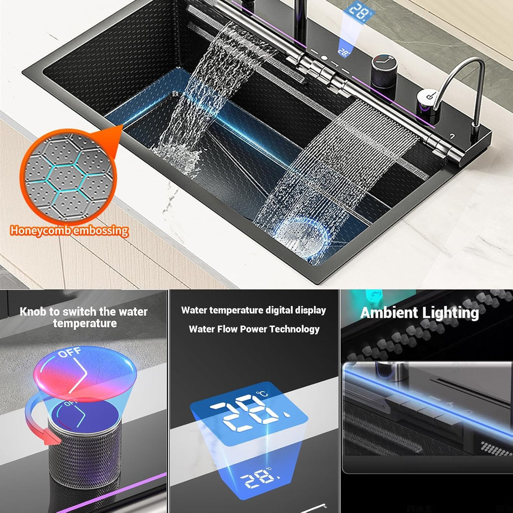 FVVJVV Dual Waterfall Smart Kitchen Sink | Digital Stainless Steel Workstation Sink (29.5″)