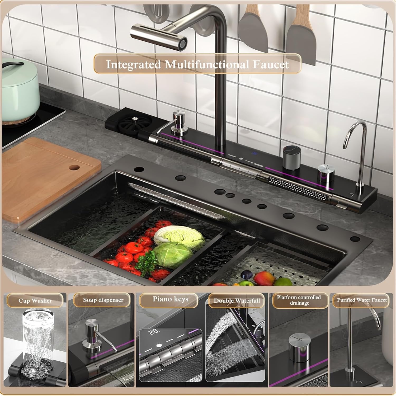FVVJVV Dual Waterfall Smart Kitchen Sink | Digital Stainless Steel Workstation Sink (29.5″)