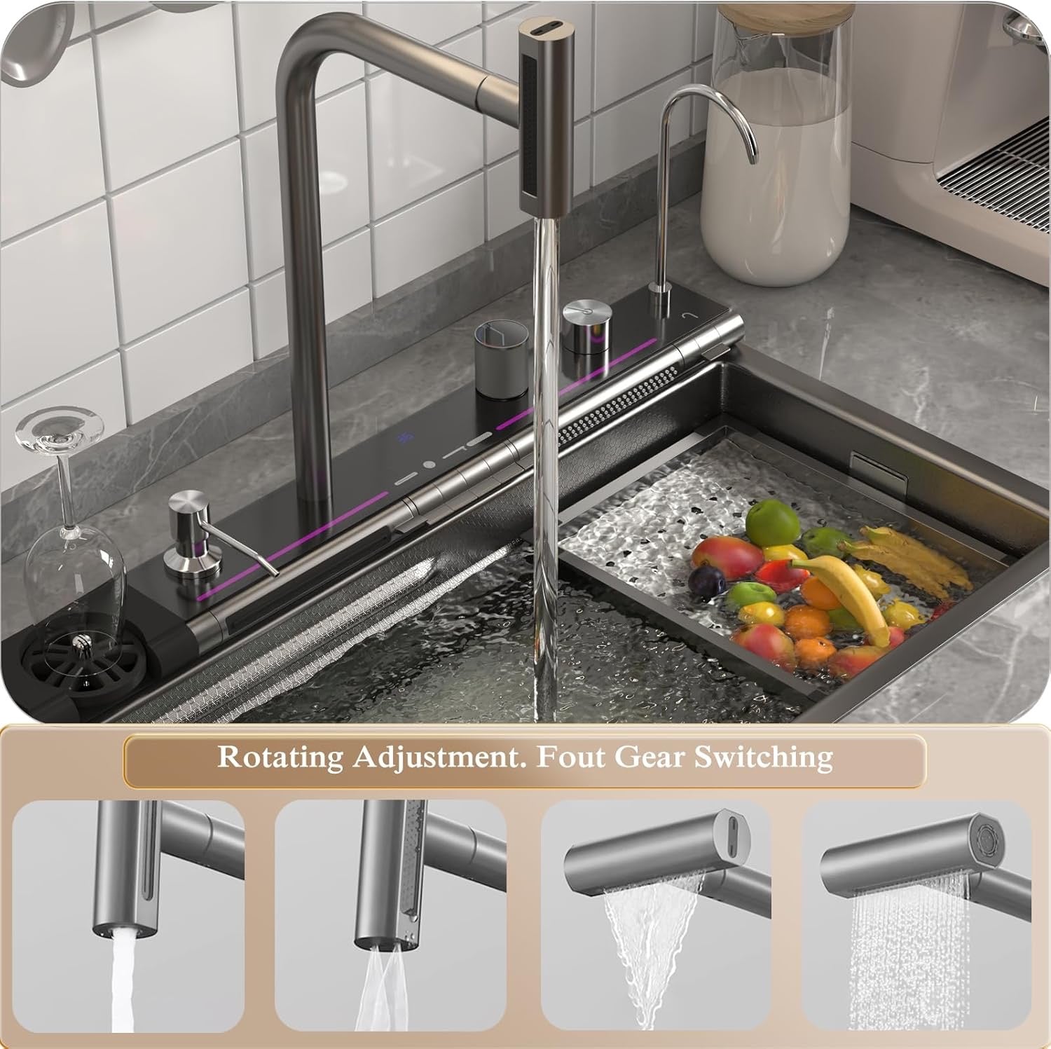 FVVJVV Dual Waterfall Smart Kitchen Sink | Digital Stainless Steel Workstation Sink (29.5″)