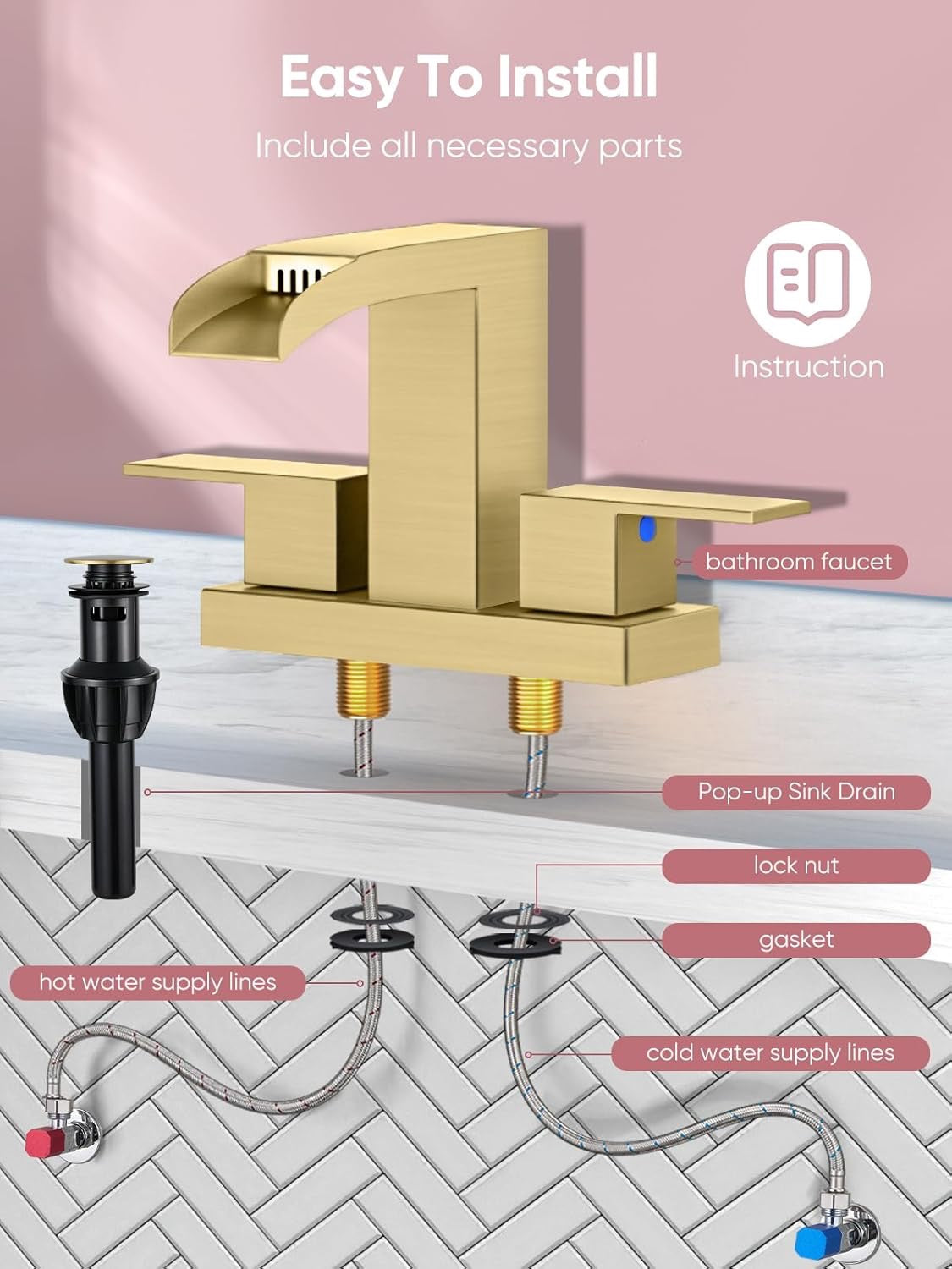 Cobbe Waterfall Bathroom Faucet | Brushed Gold 3-Hole Centerset Faucet (4″, Square Design)