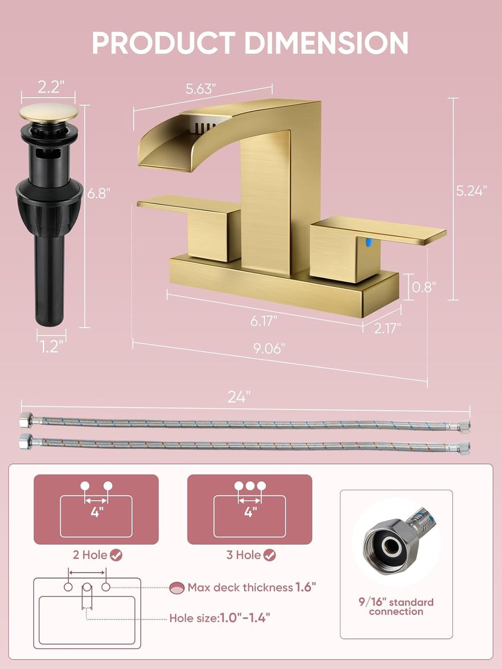 Cobbe Waterfall Bathroom Faucet | Brushed Gold 3-Hole Centerset Faucet (4″, Square Design)