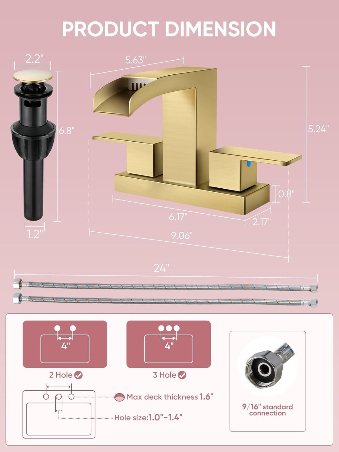 Cobbe Waterfall Bathroom Faucet | Brushed Gold 3-Hole Centerset Faucet (4″, Square Design)