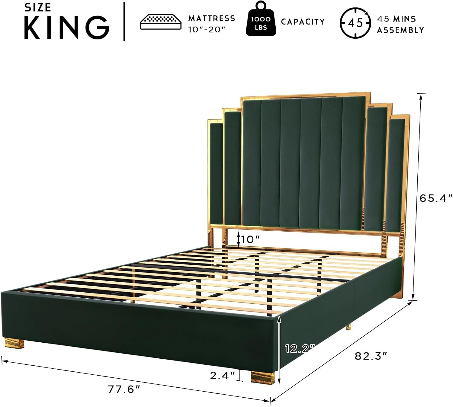 HOWE King Size Upholstered Bed Frame | 65″ Headboard with Gold Trim (Green)