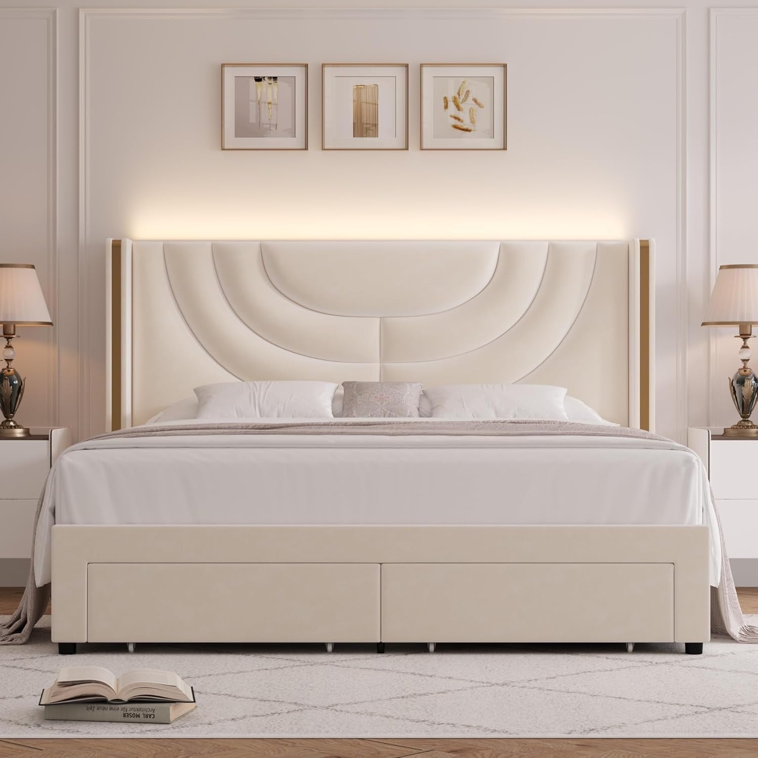 HITHOS Full Upholstered LED Platform Bed Frame | Beige Velvet Wingback Bed with Storage Drawers