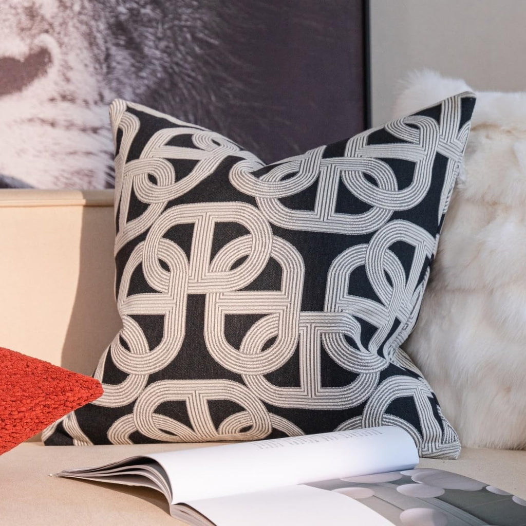 Black Embroidered Horseshoe Throw Pillow Cover | 20" x 20" Textured Accent Cushion