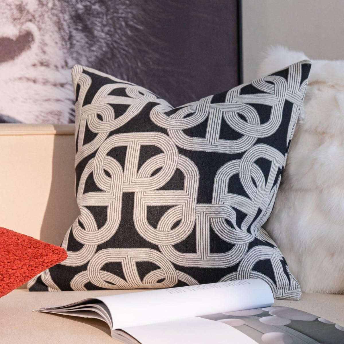Black Embroidered Horseshoe Throw Pillow Cover | 20" x 20" Textured Accent Cushion