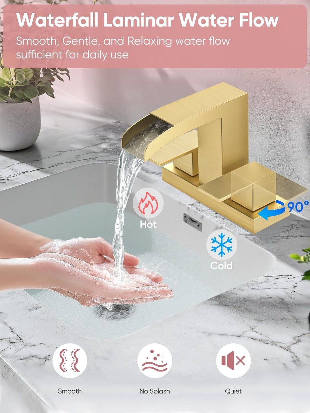 Cobbe Waterfall Bathroom Faucet | Brushed Gold 3-Hole Centerset Faucet (4″, Square Design)