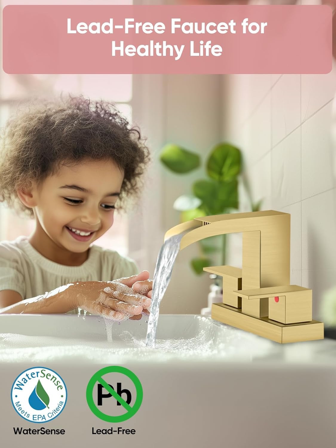 Cobbe Waterfall Bathroom Faucet | Brushed Gold 3-Hole Centerset Faucet (4″, Square Design)