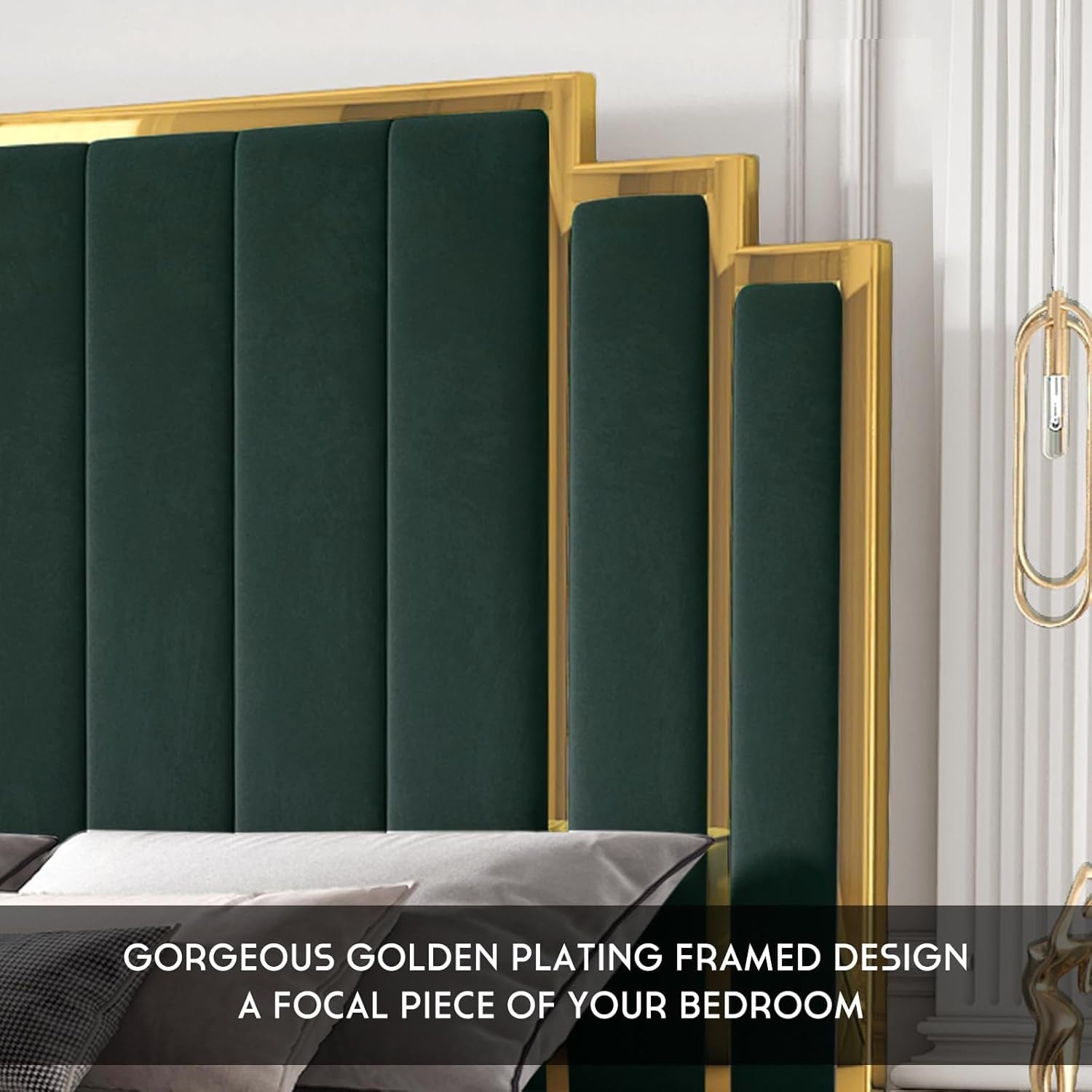 HOWE King Size Upholstered Bed Frame | 65″ Headboard with Gold Trim (Green)