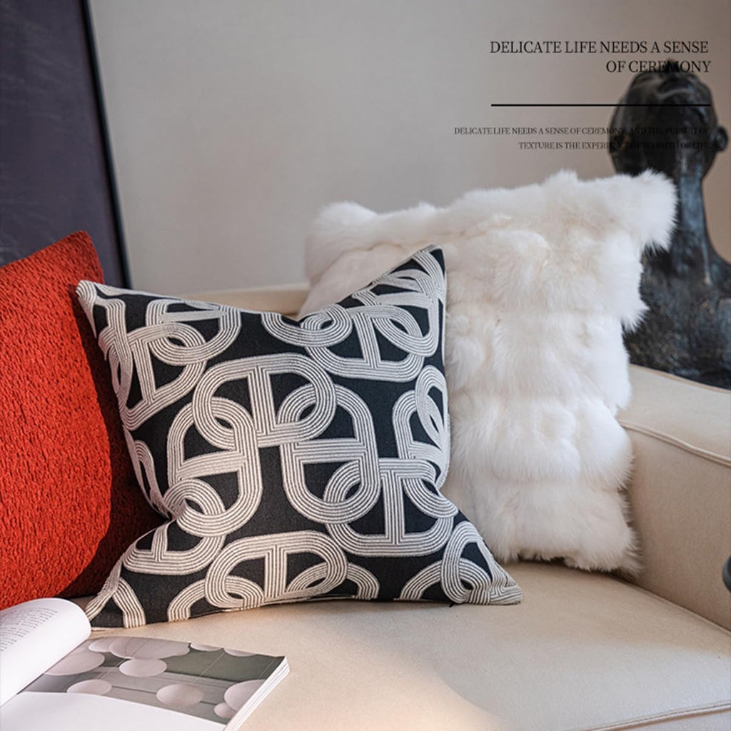 Black Embroidered Horseshoe Throw Pillow Cover | 20" x 20" Textured Accent Cushion