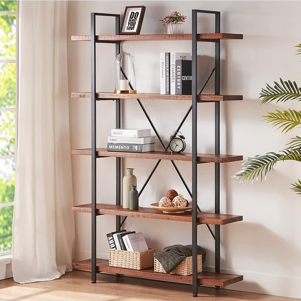 HSH 5-Tier Solid Wood Bookshelf | Industrial Rustic Open Metal & Real Wood Bookcase (Distressed Brown)