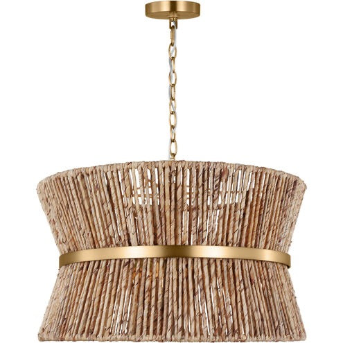 Drew Jonathan Thurlo 3 Light Pendant 24 Inch Satin Brass Woven Rope Shade Modern Coastal Chandelier