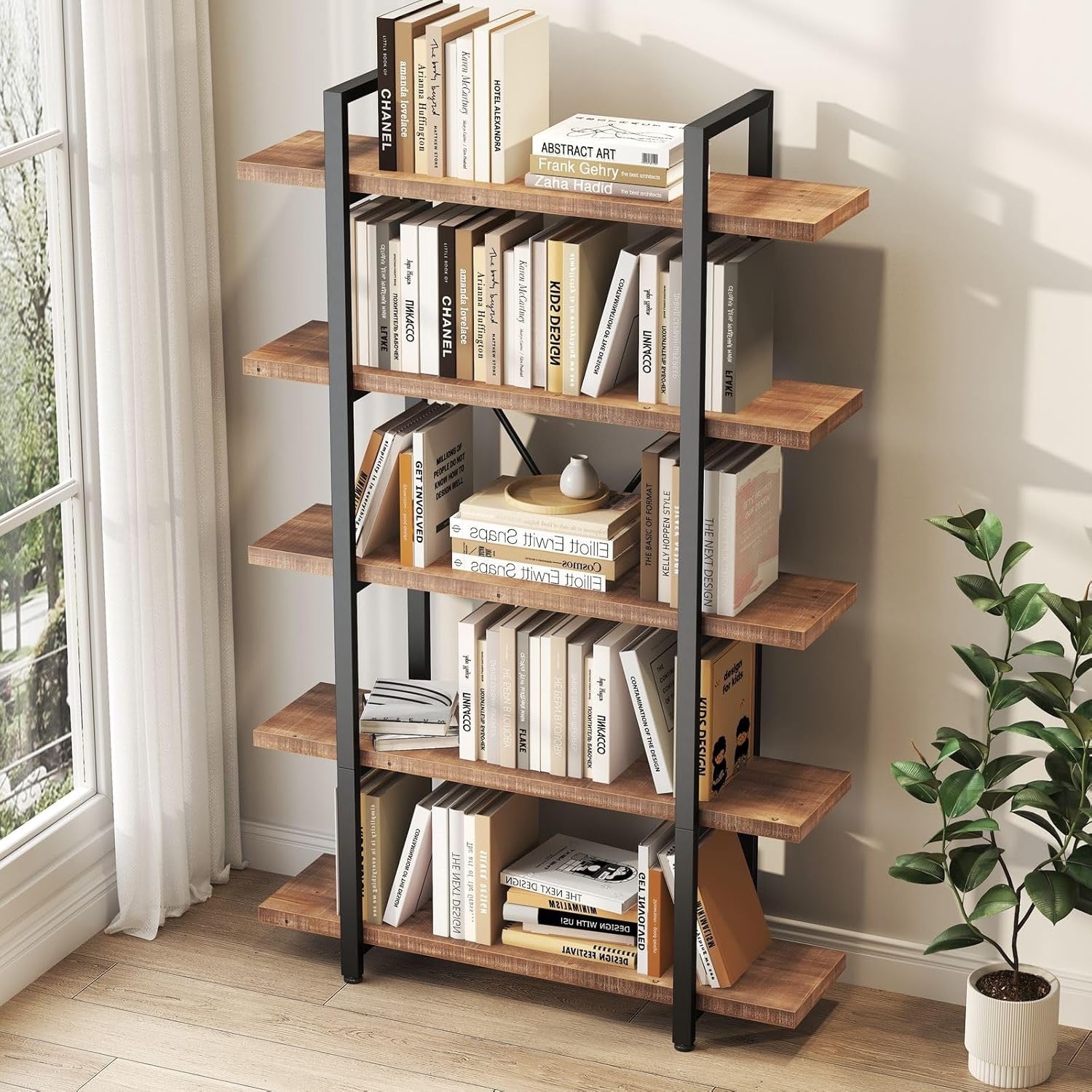 HSH 5-Tier Solid Wood Bookshelf | Industrial Rustic Open Metal & Real Wood Bookcase (Distressed Brown)